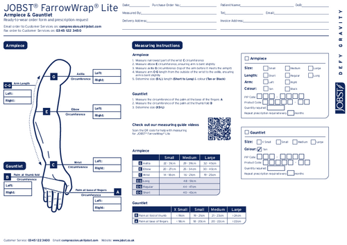 Order Form with measurement points for a JOBST FarrowWrap Armpiece