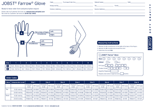 Order Form with measurement points for a JOBST Farrow Glove and Toe Cap